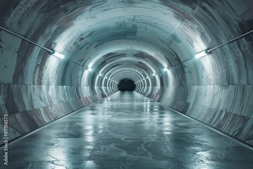 Futuristic corridor tunnel with reflective floor and interior lighting design