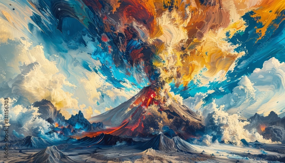 Obraz premium Illustrate the intense and chaotic beauty of a wide-angle view volcanic eruption using a traditional oil painting technique