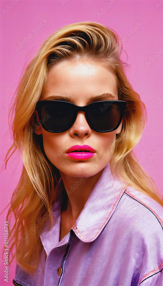 photo of beautiful woman with blonde hair and style sunglasses standing against pink background, generative AI photo of beautiful woman with blonde hair and style sunglasses standing against pink background, generative AI