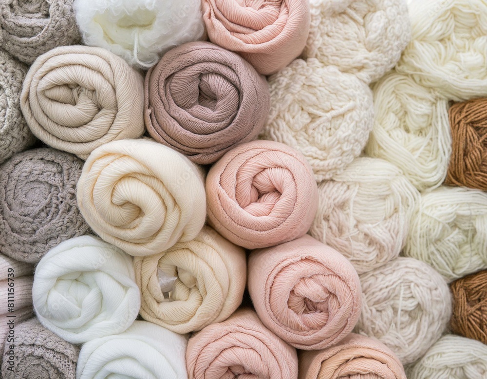 Fototapeta premium Pile of colorful rolled towels and blankets as background. Bright soft pale pastel colours.