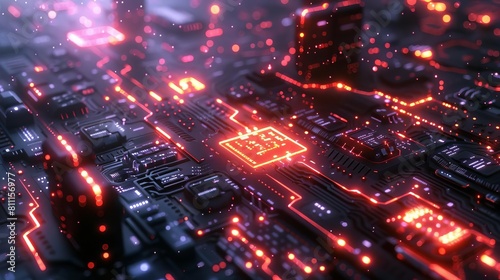 Infuse the concept of cybersecurity from a low-angle perspective by featuring a digital fortress under attack Show a network of glowing circuits intertwined with binary code