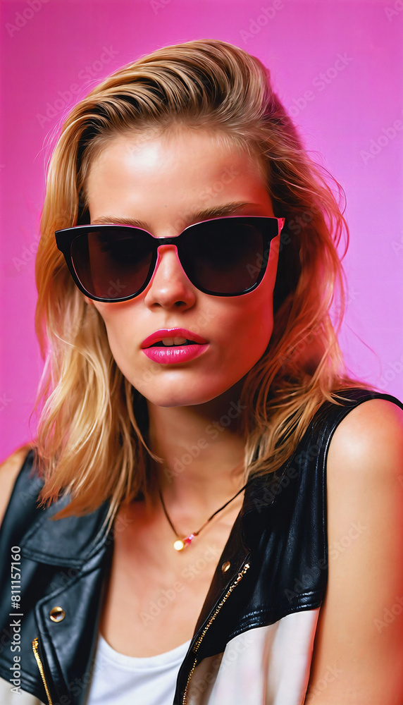 custom made wallpaper toronto digitalphoto of beautiful woman with blonde hair and style sunglasses standing against pink background, generative AI