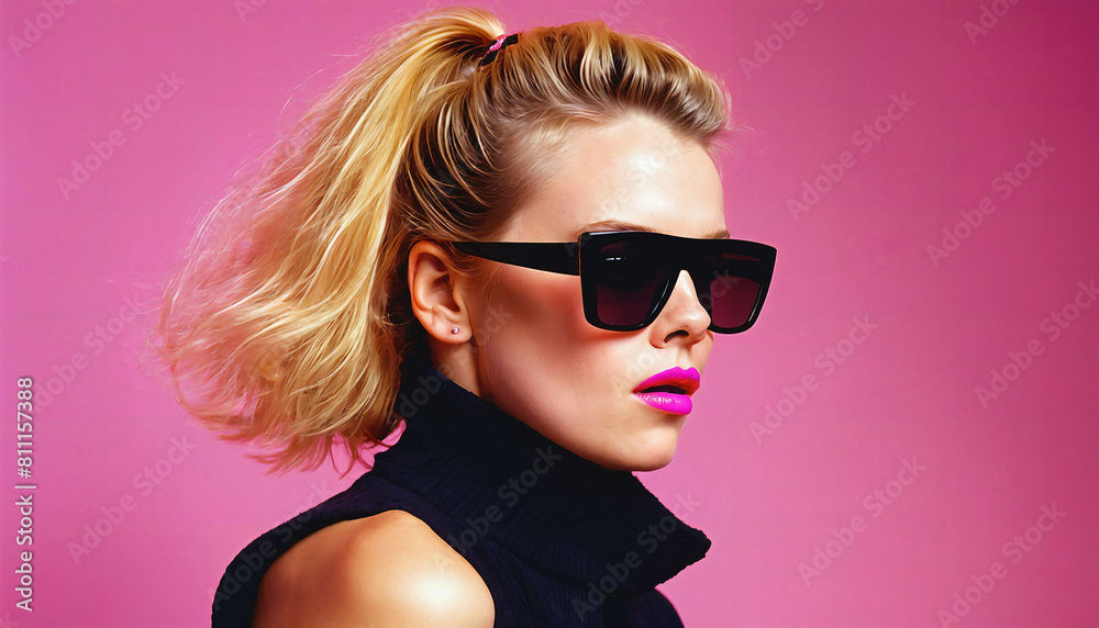 photo of beautiful woman with blonde hair and style sunglasses standing against pink background, generative AI