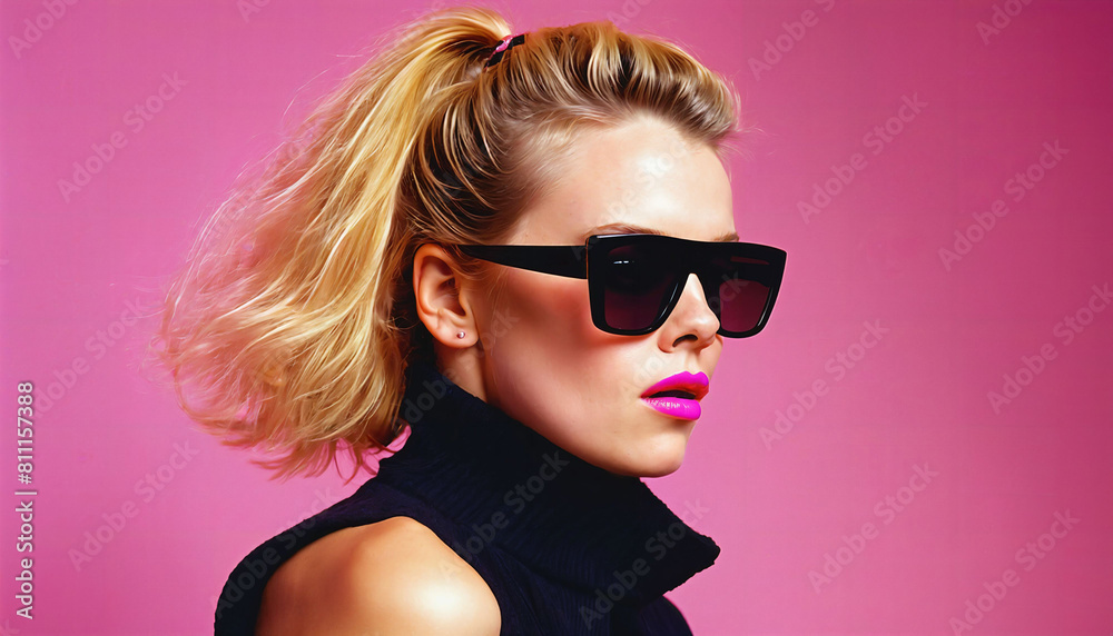 photo of beautiful woman with blonde hair and style sunglasses standing against pink background, generative AI photo of beautiful woman with blonde hair and style sunglasses standing against pink background, generative AI