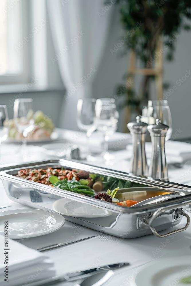 Fototapeta premium Catering Equipment and clean Buffet Setup. Chafing Dishes and Servingware on white background. Catering company, restaurant supply store.