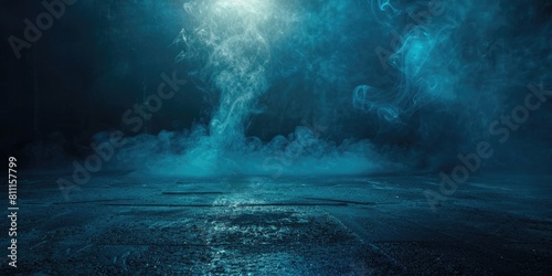 Dramatic Background. Abstract Neon Light in Dark Concrete Room with Smoke and Spotlight