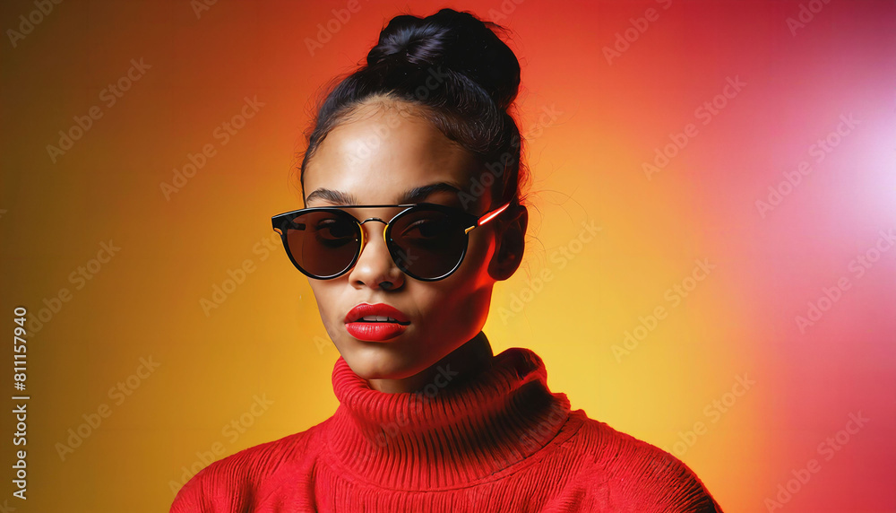 photo of beautiful african woman with style sunglasses standing against red and yellow background, generative AI photo of beautiful african woman with style sunglasses standing against red and yellow background, generative AI