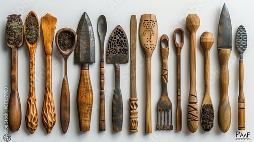 A collection of wooden spoons and forks are displayed in a row photo