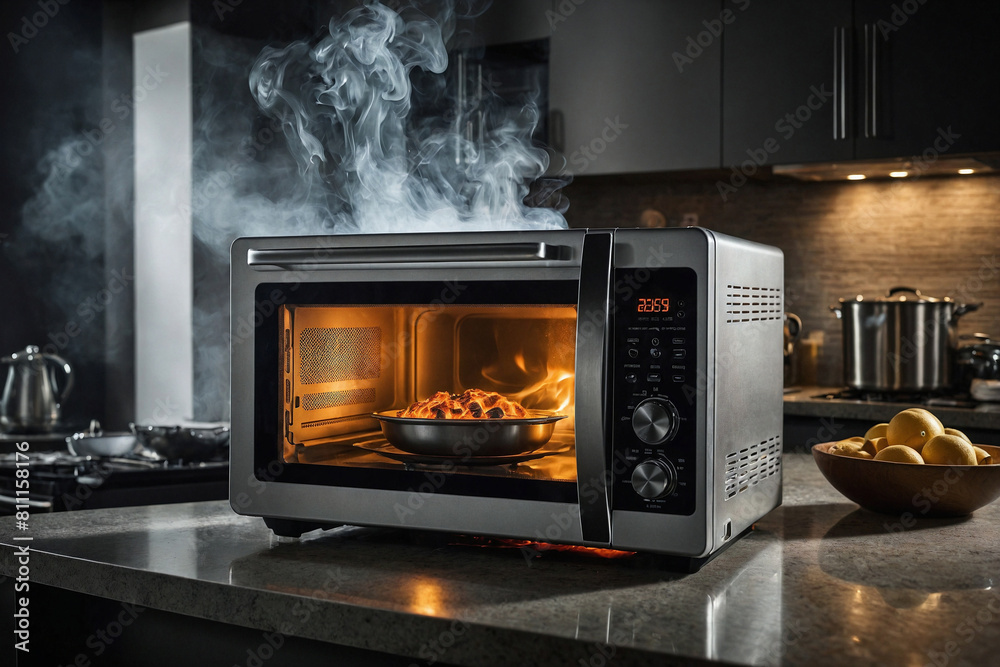 A burning oven on a kitchen countertop, smoke billowing out from its vents A burning oven on a kitchen countertop, smoke billowing out from its vents