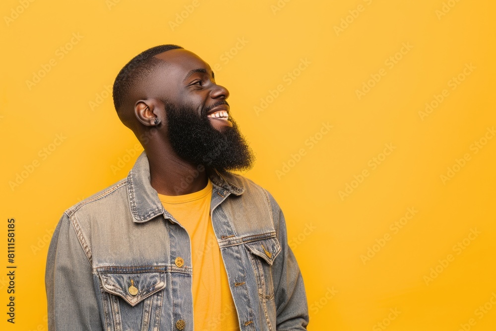 Man Portrait Black. Cheerful Bearded Black Man Posing on Yellow Background with Copy Space