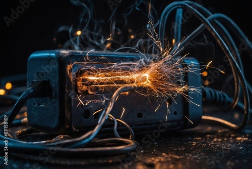 a power adapter with exposed wires, emitting sparks and smoke