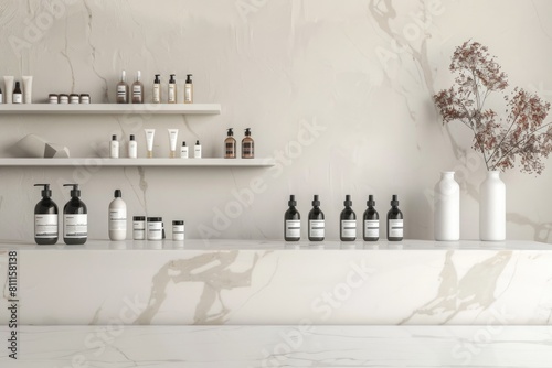 Beauty Shop. Modern Marble Countertop Display of Luxury Skincare Products