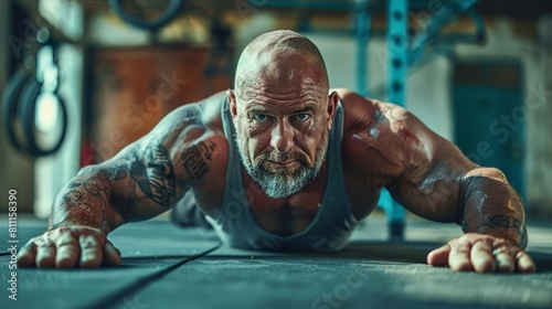 Capture a dynamic high-angle view of a heavyset man executing elevated push-ups, emphasizing his veins bulging under strain for a powerful and raw image