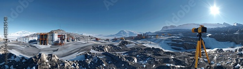 panoramic photo of the entire landscape from a long distance, 3D rendering of a futuristic mining facility in Antarctica with large industrial buildings and modern equipment in the style of, golden tr