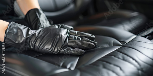Close-up Hand in rubber glove cleaning leather car seat. Car detailing worker cleaning car interior and car leather seats. 