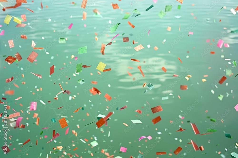 Multi-colored confetti flutters on a serene sea green background, creating a peaceful celebration scene in full HD.
