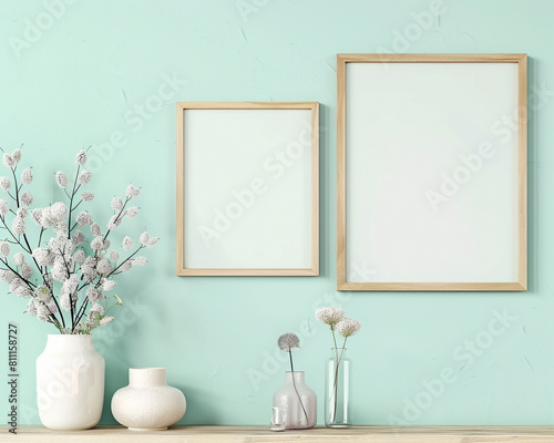 Natural wood frames on a pale aqua wall high-quality mockup for a serene interior design ultra realistic HD display