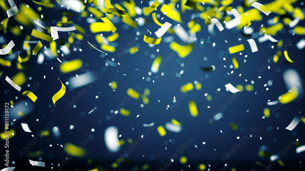 Neon yellow and bright white confetti tumbling down a navy blue background, symbolizing celebration and festivity.