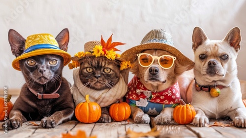 Fototapeta Naklejka Na Ścianę i Meble -  A group of animals are dressed up in Thanksgiving-themed costumes. The image is cute and funny, and it would be perfect for a Thanksgiving-themed advertisement.