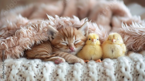 A cute kitten and two fluffy ducklings sleeping together under a blanket.