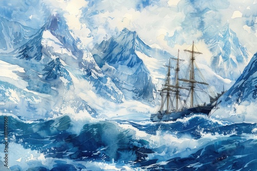 A painting of a ship sailing in the ocean with majestic mountains in the background. Suitable for travel or adventure themes