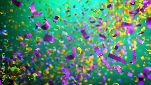 Neon purple and sunny yellow confetti swirling on a rich green canvas, adding energy to any celebration.