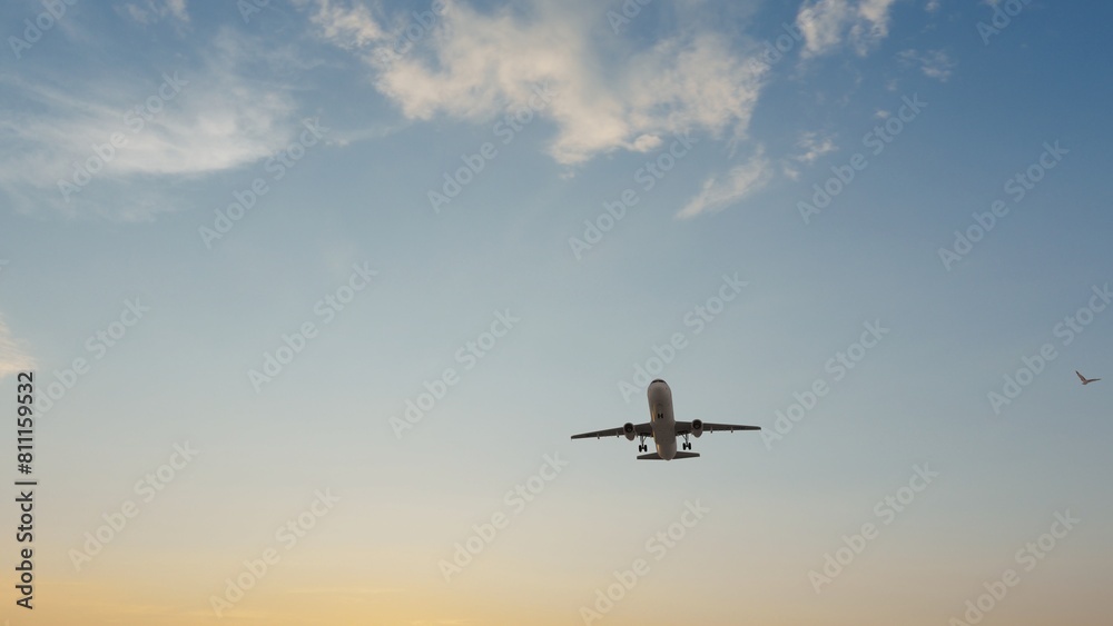 Fototapeta premium Airplane in the sky at sunset. Air transportation. Travel. Airplane Takes Off Against the Background of Blue Sky. 