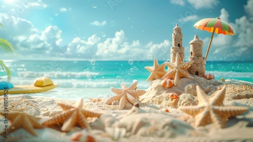 Amazing sandcastle on the beach with blue water and white sand.