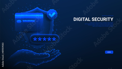 Banner with secure online payments. Vector illustration with hand showing polygonal shield, credit card, tick icon and password. Online payment protection, password security, smart secure shopping.