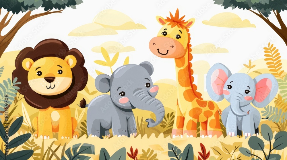 Naklejka premium Cute cartoon animals in the jungle.