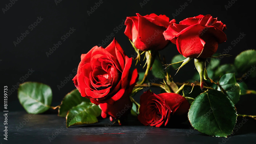 Red roses on a black background, studio light 16:9 with copyspace Red roses on a black background, studio light 16:9 with copyspace