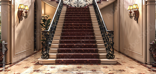 Opulent home foyer with rich burgundy carpeted stairs flanked by a heavy wrought iron railing and an intricate tiled floor Luxurious wall sconces add depth and warmth photo