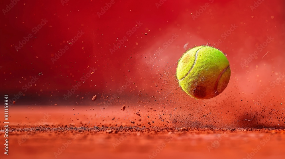 A close up of a tennis ball bouncing on a clay court with a red background.