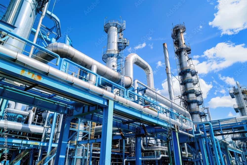 Fototapeta premium A large industrial plant with many pipes and structures. Suitable for industrial concepts