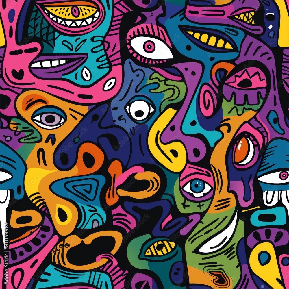 An explosion of colors and faces creates a seamless pattern that stands out for its creativity and expression of human emotions