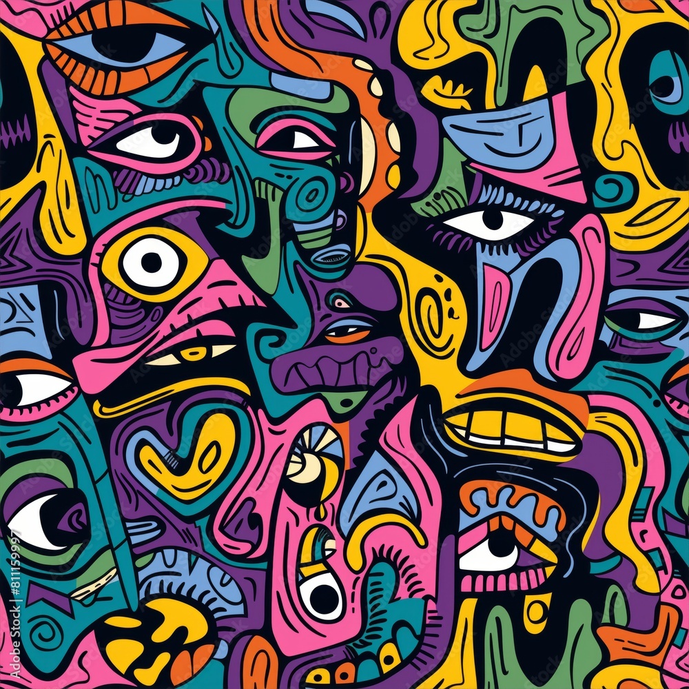 A sea of faces and abstract shapes seamlessly blend in a vibrant doodle-style pattern, reflecting creativity and human interaction
