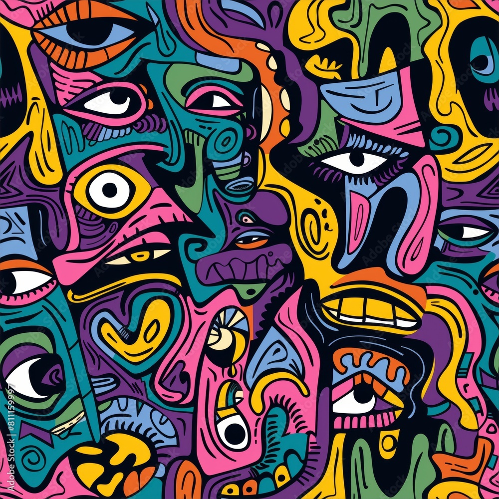 A sea of faces and abstract shapes seamlessly blend in a vibrant doodle-style pattern, reflecting creativity and human interaction A sea of faces and abstract shapes seamlessly blend in a vibrant doodle-style pattern, reflecting creativity and human interaction
