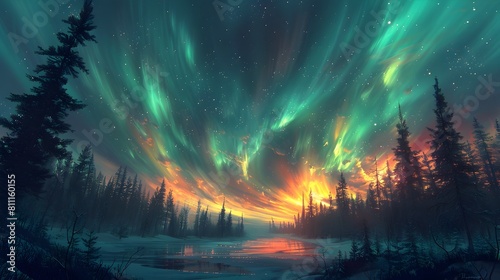 Aurora Borealis Dance Vibrant Night Sky Landscape in Digital Painting Technique