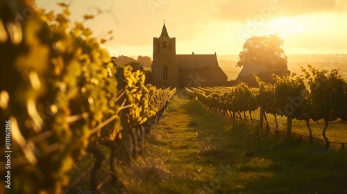 Golden sunset over vineyard with historical church in the background