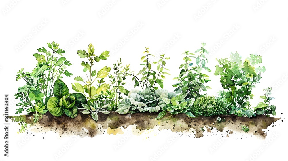watercolor vegetable garden with various herbs and vegetables, white background, green color palette, high resolution, realistic in the style of hyper realistic, detailed in the style of hyper detaile