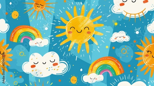 The image shows a cute and colorful pattern of smiling suns, fluffy clouds, and bright rainbows on a blue background.