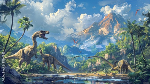 The image shows a group of dinosaurs in a lush prehistoric landscape