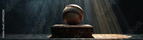 Close-up of a golden baseball on a pedestal with rays of light shining from above.