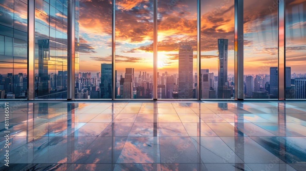 Fototapeta premium The breathtaking cityscape and downtown skyline at sunset is beautifully showcased against the backdrop of an empty floor