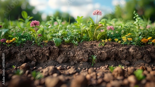 A close up of a garden with a variety of flowers and plants