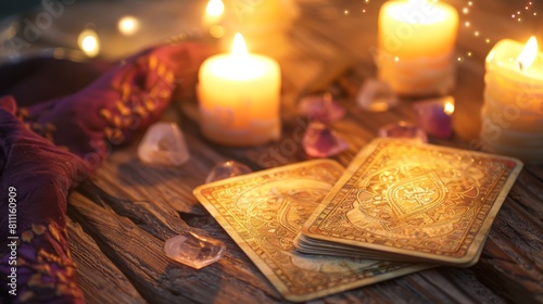 Tarot cards and candles on a wooden table with crystals and a purple cloth. Intimate candlelight setup for tarot reading. Mystical and spirituality concept for design and print