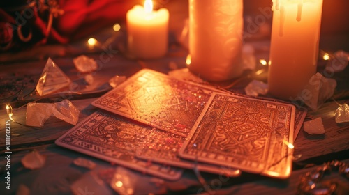 Golden tarot cards surrounded by candles and crystals on a wooden surface. Warm and intimate tarot reading setting