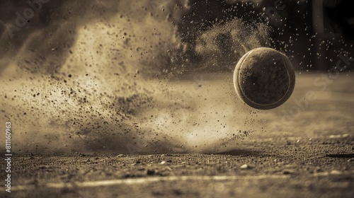 The photo shows a baseball hitting the ground, with a lot of dirt and dust being kicked up. photo