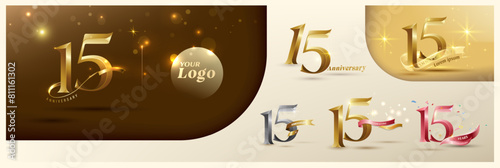 15th anniversary logotype modern gold number with shiny ribbon. alternative logo number Golden anniversary celebration