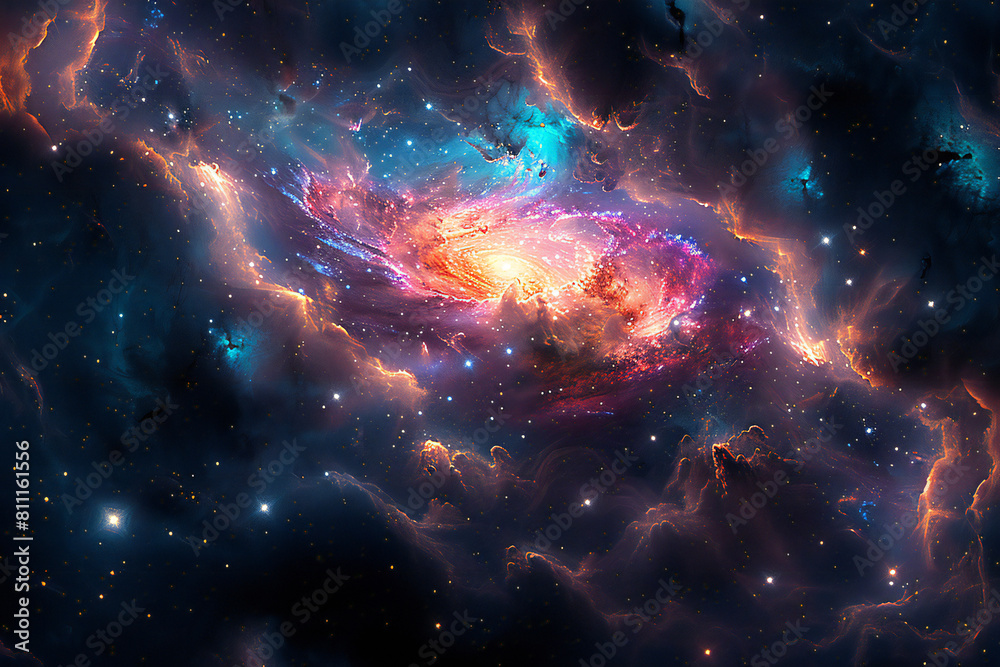 Fototapeta premium View from space to a spiral galaxy and stars. Universe filled with stars